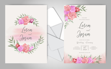 Romantic Hand Drawn Wedding Invitation Cards with Watercolor Greenery and Roses