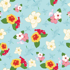 Colorful hibiscus flowers seamless pattern on blue background