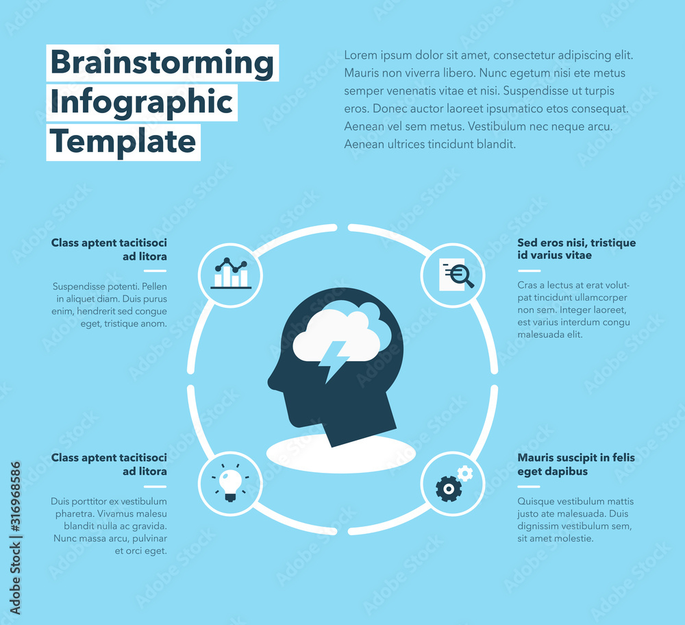 Leinwandbilder brainstorming infographic template with head as a main symbol and place for your content - blue vers