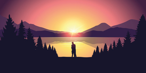 young couple by the lake in forest nature landscape at sunrise vector illustration EPS10