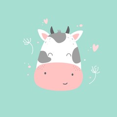 Vector cute cow, clipart on mint background Pastel colors Baby animal with flowers Nursery wall art