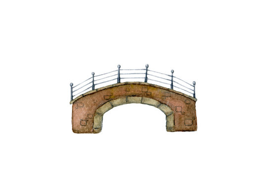 Old stone river bridge with wrought iron railing in a small town painted in watercolor isolated on white background