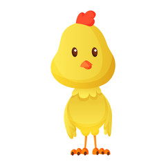 Cute little cartoon chick standing isolated on a white background. Funny yellow chicken. Vector illustration of little chicken for children