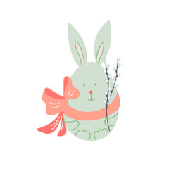 Easter egg with rabbit ears decorated with a bow and a willow twig. Great for Easter greeting cards, logo. Hand drawn vector illustration isolated on white background.