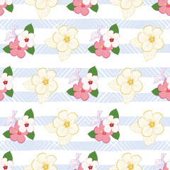 Colorful hibiscus flowers seamless pattern on striped textured background