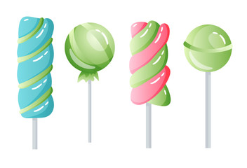 Set of sweets on white background - hard candy and bar, candy cane, lollipop, candy on stick. Tasty delicious. Vector illustration