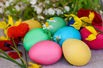 Obraz na płótnie Canvas Painted Easter eggs among spring flowers