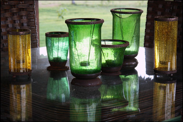  Glass vases. Green material. Dominican style. Flasks. Test tubes. Tableware.