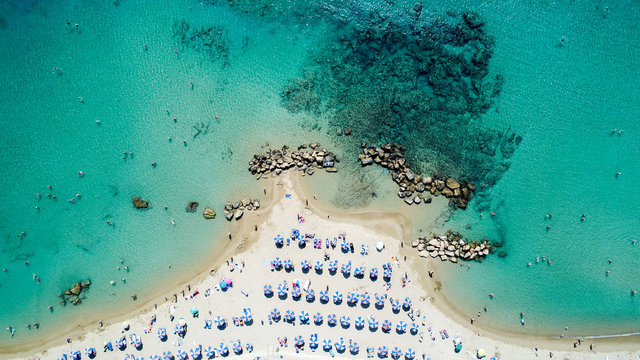 Cyprus holiday. Larnaca city beacg from above. Aerial view