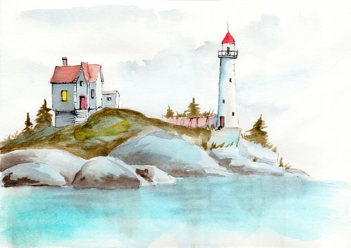   Watercolor illustration of  a lighthouse and house on a small  island with some trees and blue sea