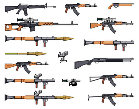 Weapons set. Kalashnikov rifle. Gun set. RPG. Arsenal set. Sniper scope rifle. Firearms. Assault rifles. Gun for self defense. Rifles. Machine gun. Shotgun. Sniper rifles. Weapons for games.