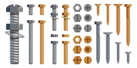 Vector set of Bolts, Nuts. Metal Screws, steel bolts, nuts, nails and rivets, self-tapping. Construction steel screw and nut, rivet and bolt metal illustration. Washer nut. Steel construction elements - obrazy, fototapety, plakaty