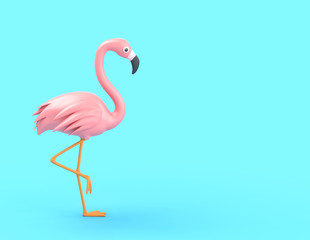 Cartoon pink flamingo on blue background - obrazy, fototapety, plakaty