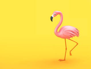 Cartoon pink flamingo on yellow background - obrazy, fototapety, plakaty