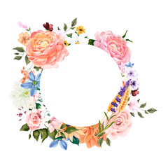 Floral template for invitation. Pink roses, eucalyptus, plants and blue flowers. All elements are isolated.