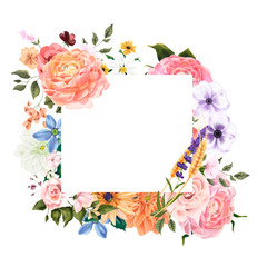 Floral template for invitation. Pink roses, eucalyptus, plants and blue flowers. All elements are isolated.