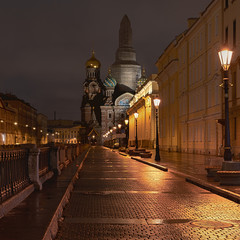 Griboedov Canal Embankment; Cathedral of the Savior on Spilled Blood against the background of the night sky