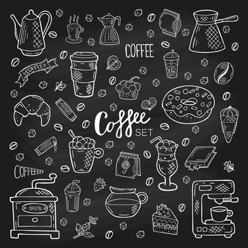 Big hand drawn coffee set. Lettering and objects in doodle style. White outline on a black background or chalkboard. Elements for card, social media banner, sticker, menu, design. Vector illustration