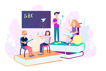 Disabled children studying in school. Learning program. Inclusive education, social and communicative competence, inclusive environment concept