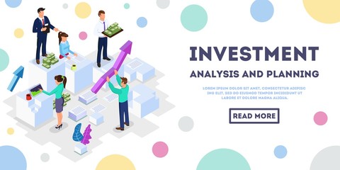 Office workers analysing, planning, investing money, solving issues. Project management, banking, commerce, teamwork isometric vector concept for web, landing page. Place for text, copy space.