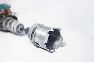Equipment pneumatic hammer drills hole in concrete brick wall with diamond crown for electric...