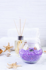 Bathroom accessories. Spa and beauty theatment products. Concept of natural spa cosmetics and organic threatment bodycare.