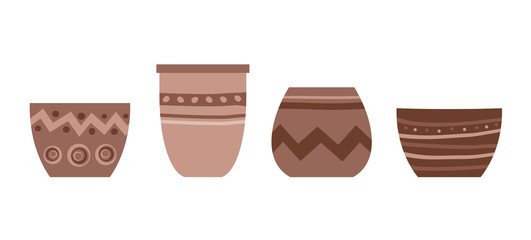 Isolated flower pot on white background. Vector set of ceramic pot in flat trendy style with ornament. Clay terracotta vase for plants and flowers. Empty flowerpot for interior decoration.