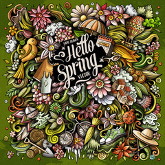 Spring hand drawn vector doodles illustration. Nature poster design.