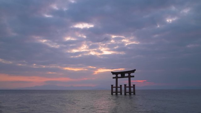 Sunrise at Shirahige shrine torii gate, lake Biwa, Shiga Prefecture, Japan