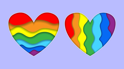 Set of LGBT Rainbow paper cut art style hearts