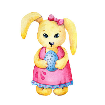 Cartoon bunny girl in a pink dress holding an Easter colored egg in her hands. Hand drawn watercolor illustration isolated on white background for design of Easter and children's products.