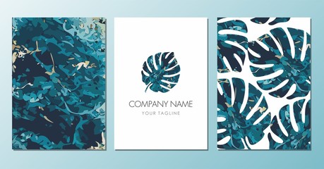 Colorful Monstera leaf label on white. Exotic leaf banners, posters, cards or flyers. 