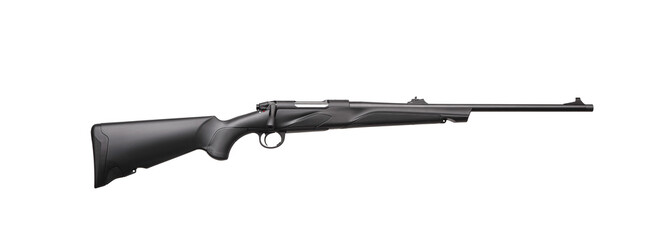 Modern bolt carbine isolated on white background. Weapons for hunting and sports. Black gun with...