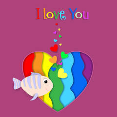 Fototapeta na wymiar I love you paper cut fish on rainbow heart card