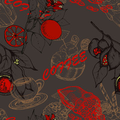 Hand drawn vector seamless pattern with coffee beans, branch, dessert, flowers