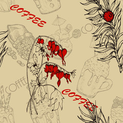 Hand drawn vector seamless pattern with coffee beans, branch, dessert, flowers