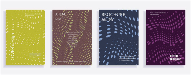 Minimalistic cover design templates. Set of layouts for covers of books, albums, notebooks, reports, magazines. Line halftone gradient effect, flat modern abstract design. Geometric mock-up texture
