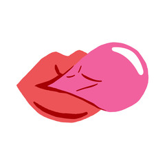 Woman red lips with pink gum bubble. Cartoon illustration isoalted on white background. Vector