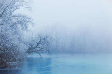 Beautiful frozen blue lake in winter time with trees covered in frost