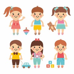 Funny kids - cute cartoon collection with sweet children. Boys and girls character with toys. Teddy, balloon, bricks, candy, whirligig and car. Simple and flat style.