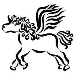 cute little curly unicorn, black outline with a pattern