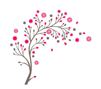 Beautiful Pink Tree and Flowers Vector Illustration