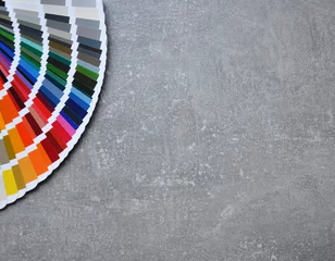 Color palette guide, fan, catalogue on grey background. Color swatch on conсrete texture © MishAnia