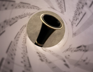 Eine Klarinette, eine Aufnahme durch die Notenblätter