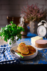potato patties with mortadella and mozzarella.style rustic