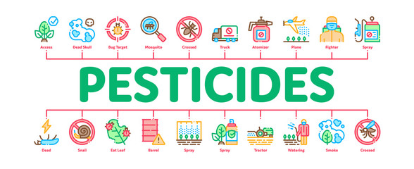 Fototapeta premium Pesticides Chemical Minimal Infographic Web Banner Vector. Pesticides For Agricultural Field Processing By Plane, Bottle Spray And Equipment Concept Illustrations
