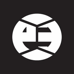 PE Logo monogram with piece circle ribbon style on black background