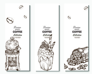 Coffee illustration. Hand drawn vector banner. Coffee beans, teapot,  dessert