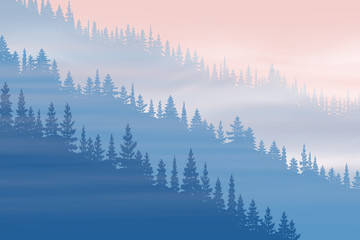 Coniferous forest in the fog, natural background, vector illustration, EPS10