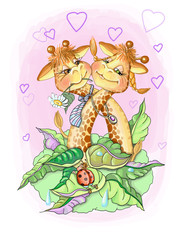 vector illustration valentine two loers giraffe girl and boy